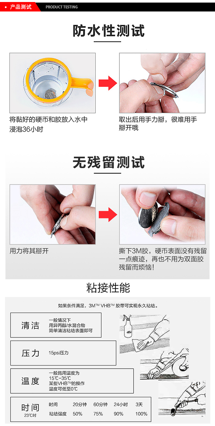 3MVHB通用型丙烯酸泡棉膠帶5925防水測試、無殘留測試、粘接性能